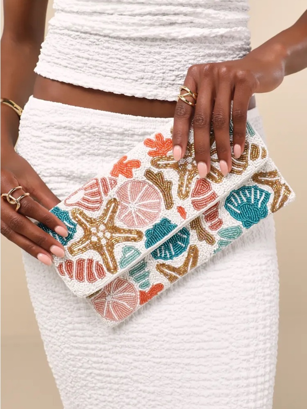 Beaded Seashell Clutch - White Multicolor